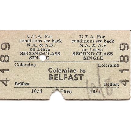 U.T.A. Edmondson Ticket - Coleraine to Belfast