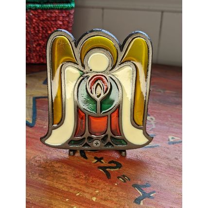 Vintage Iron Stained Glass Christmas Candle Holder Angel