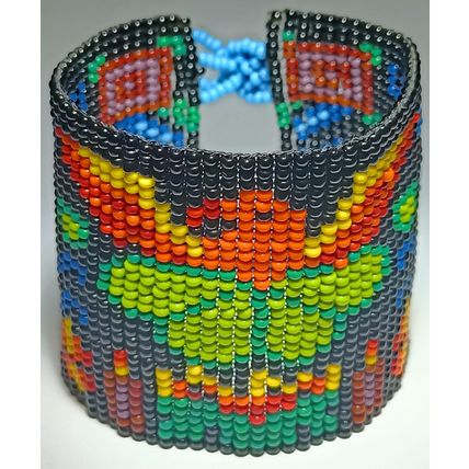 Traditional Huichol Art. Mexico Glass Seed Beads Bracelet. Birds & Deers 2