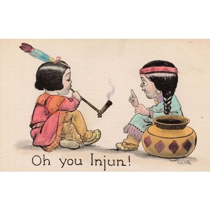 Red Indian Children Smoking Pipe Old Native American Comic Postcard