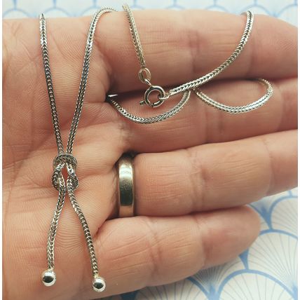 Vintage Italian 925 Sterling Silver Foxtail Chain Knot Lariat Y Drop Necklace