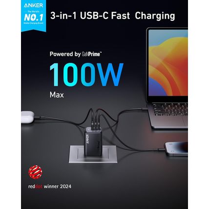 Anker Prime 100W USB C Gan Charger, 3-Port Compact Fast PPS Charger, for Macbook