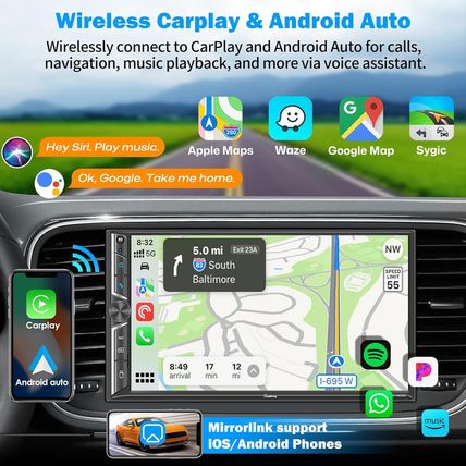 Upgrade Wireless] 7" Double Din Car Radio with Wireless Apple Carplay and Andro