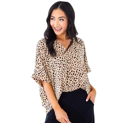 Brown Chloe Animal Print V-neck Rolled Sleeve Tunic Top