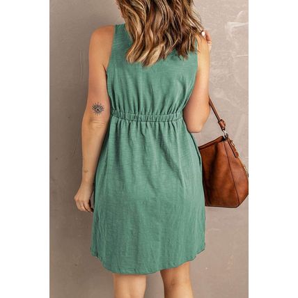 Green Buttons Sleeveless High Waist Mini Dress