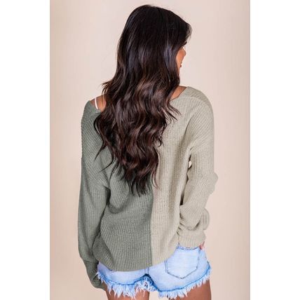 Gray Long Sleeve V-Neck Colorblock Sweater