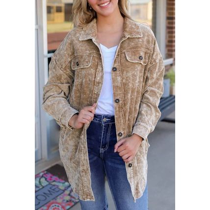 Khaki Vintage Distressed Mineral Wash Oversized Shacket