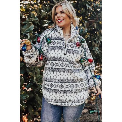 White Sherpa Geometric Print Quarter Zip Plus Size Pullover