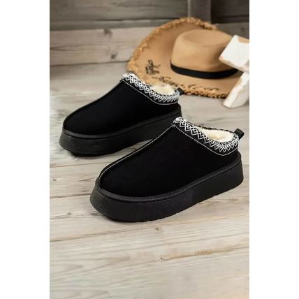 Black Suede Contrast Print Round Toe Plush Lined Flats
