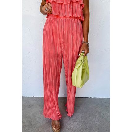 Pale Chestnut Ruffle Tiered Cami Pleated Wide Leg Pants Set