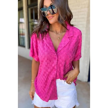 Bright Pink Lapel Neck Checkered Textured Short Sleeve Shirt