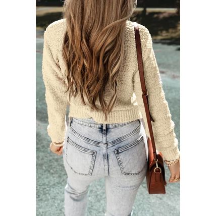Oatmeal Pearl Buttons Popcorn Textured Sweater Cardigan