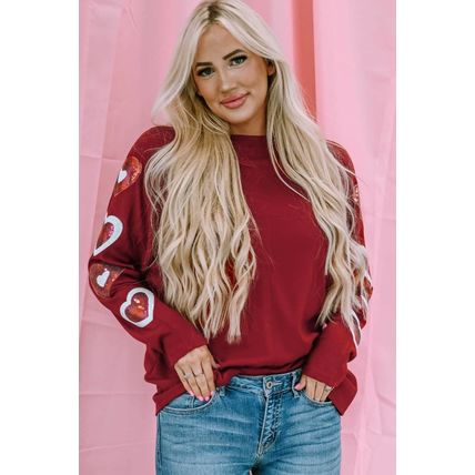 Red Sequined Heart Printed Sleeves Valentine Fashion Top