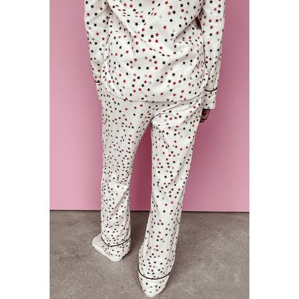 White Contrast Pipping Star Long Sleeve and Pants Pajamas Set