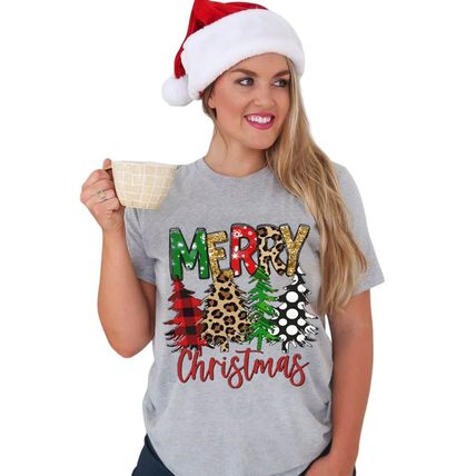 Gray Merry Christmas Tree Pattern Print Crew Neck Graphic Tee