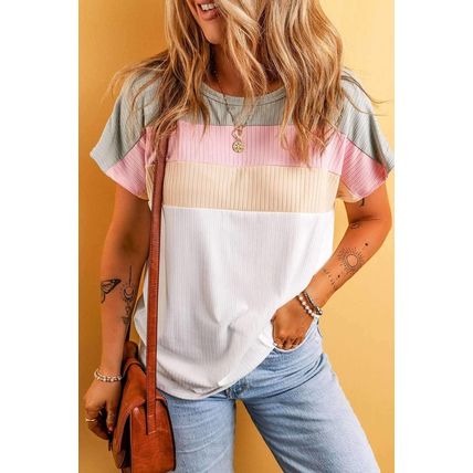White Colorblock Patchwork Batwing Sleeve Ribbed Plus T Shirt