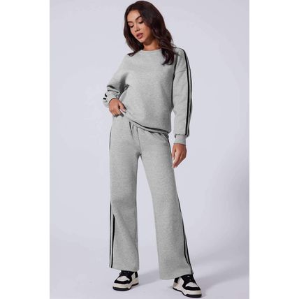 Light Grey Solid Color Side Striped Sweatshirt Active Set