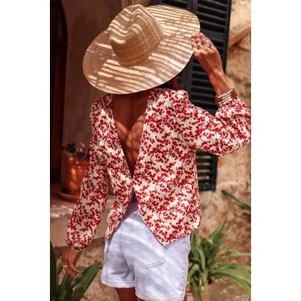 Red Floral Print Long Sleeve Open Back Blouse