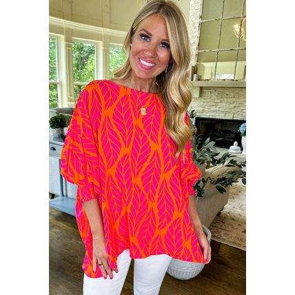 Rose Tropical Leaf Print Smocked Puff Sleeve Blouse