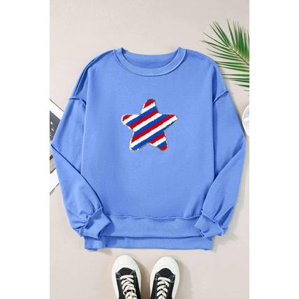 Sky Blue Sequin Trim Embroidered Star USA Pattern Sweatshirt