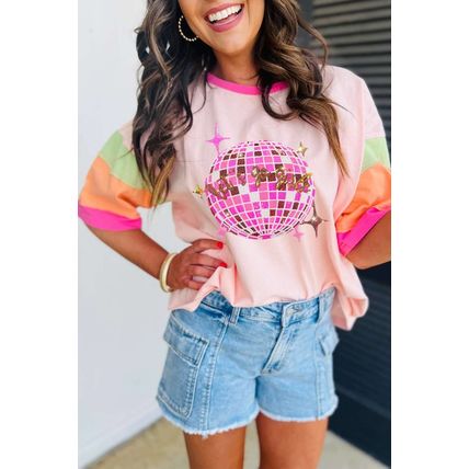 Pink Sequin Disco Ball Color Block Sleeve Graphic Tee