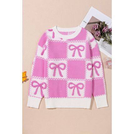 Pink Bow Knot Two Tone Checkered Crew Neck Sweater