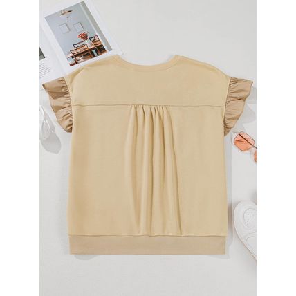 Parchment Ruffled Short Sleeve Bowknot Applique Crew Neck Plus Size Top