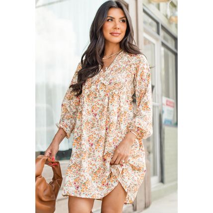 Yellow Boho Floral V Neck Ruffled Empire Waist Long Sleeve Mini Dress