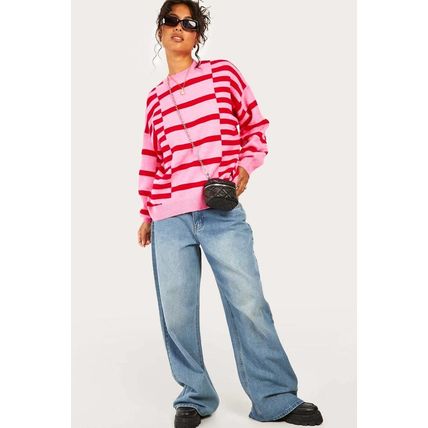 Pink Stripe Bubble Sleeve Drop Shoulder Ribbed Trim Sweater