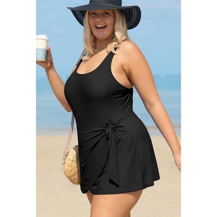 Black Solid Color Square Neck Knotted Plus Size One Piece Swimsuit