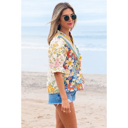 Multicolour Crochet V Neck Half Sleeve Boho Floral Blouse