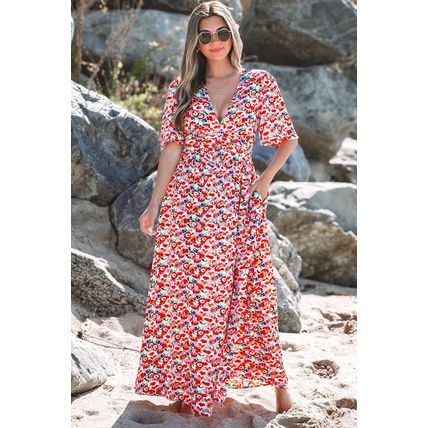 Red Floral Half Sleeve Deep V Neck Cutout Back Split Maxi Dress