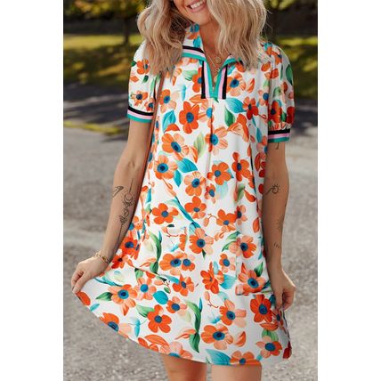 Orange Contrast Trim Floral Split Neck Puff Short Sleeve Tiered Mini Dress