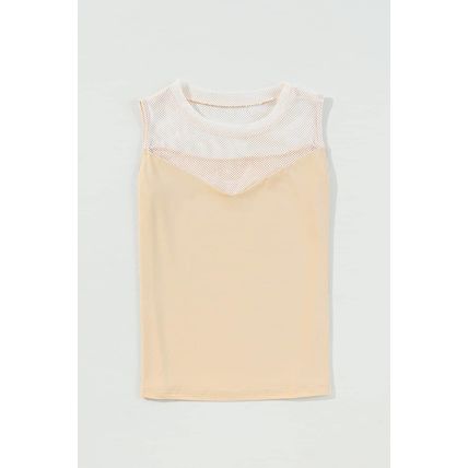 Oatmeal Solid Mesh Patchwork Crew Neck Tank Top