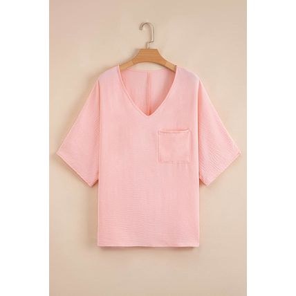 Pink Textured Half Sleeve V Neck Plus Size T Shirt with Chest Pocket