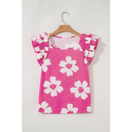 Pink Floral Textured Ruffled Short Sleeve Square Neck Blouse