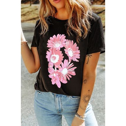 Black Pink Daisy Flower Printed Cotton Blend T Shirt