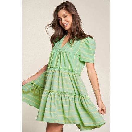 Green Stripe V Neck Short Sleeve Frilled Detail A-line Dress