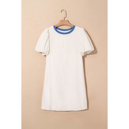 Beige Stripe Seersucker Contrast Round Neck Puff Sleeve T Shirt Dress