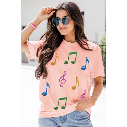 Pink Music Notes Patched Graphic Casual T Shirt