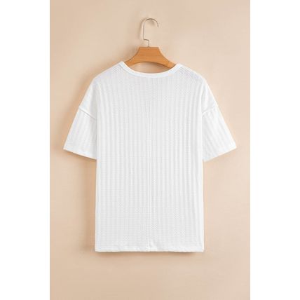White Textured Hollow Grommet Placket Split Neck Short Sleeve Top