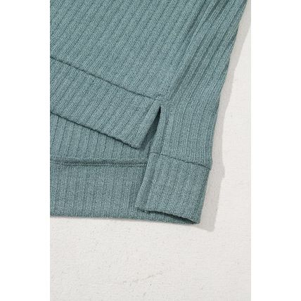 Moonlight Jade Oversized Ribbed Knit V Neck Dolman Short Sleeve Top