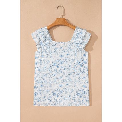 Sky Blue Floral Ruffled Short Sleeve Bow Back Square Neck Blouse
