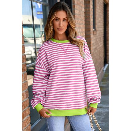 Rose Red Striped Contrast Ribbed Trim Crossed Stitch Drop Shoulder Sweatshirt