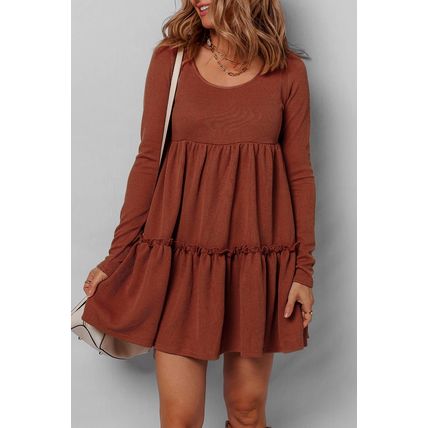 Straw Yellow Ribbed Frilled Trim High Waist Long Sleeve Mini Dress