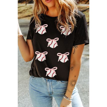 Black Shimmering Sequin Bow Ball Patterned Game Day Casual Tee