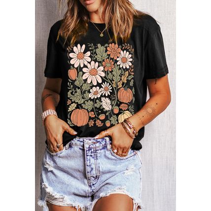 Black Wild Flower Pumpkin Print T Shirt