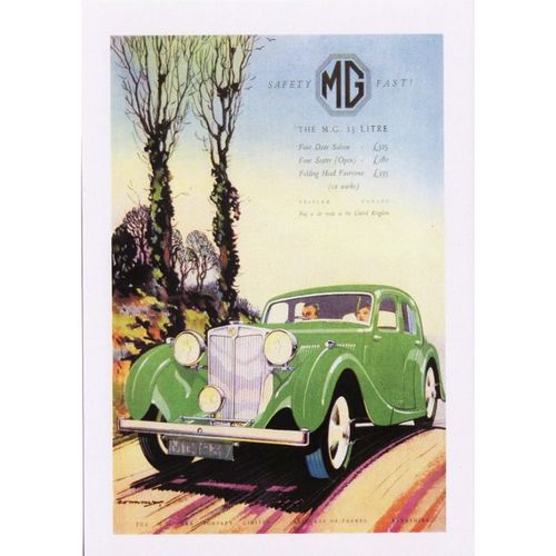 Postcard Poster Art MG 1½ Litre 4-Door Saloon Car Automobile Safety Fast 1937