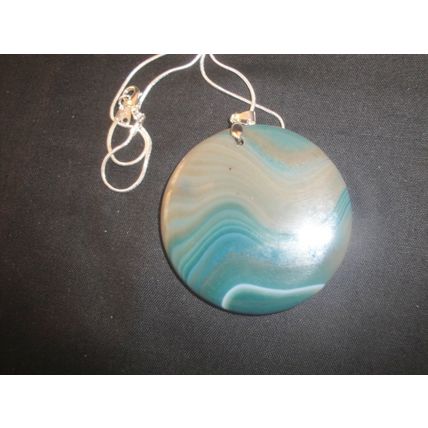 55mm x 6mm green brown white round banded agate pendant on snake chain necklace
