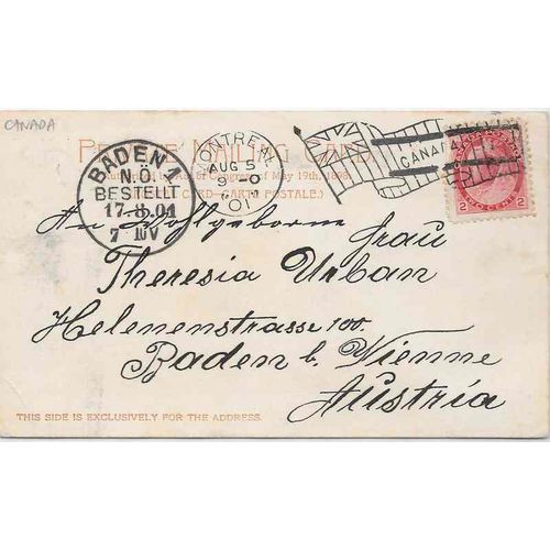 Canada Victoria #77 Numeral 1901, Montreal Quebec Flag to Baden Austria